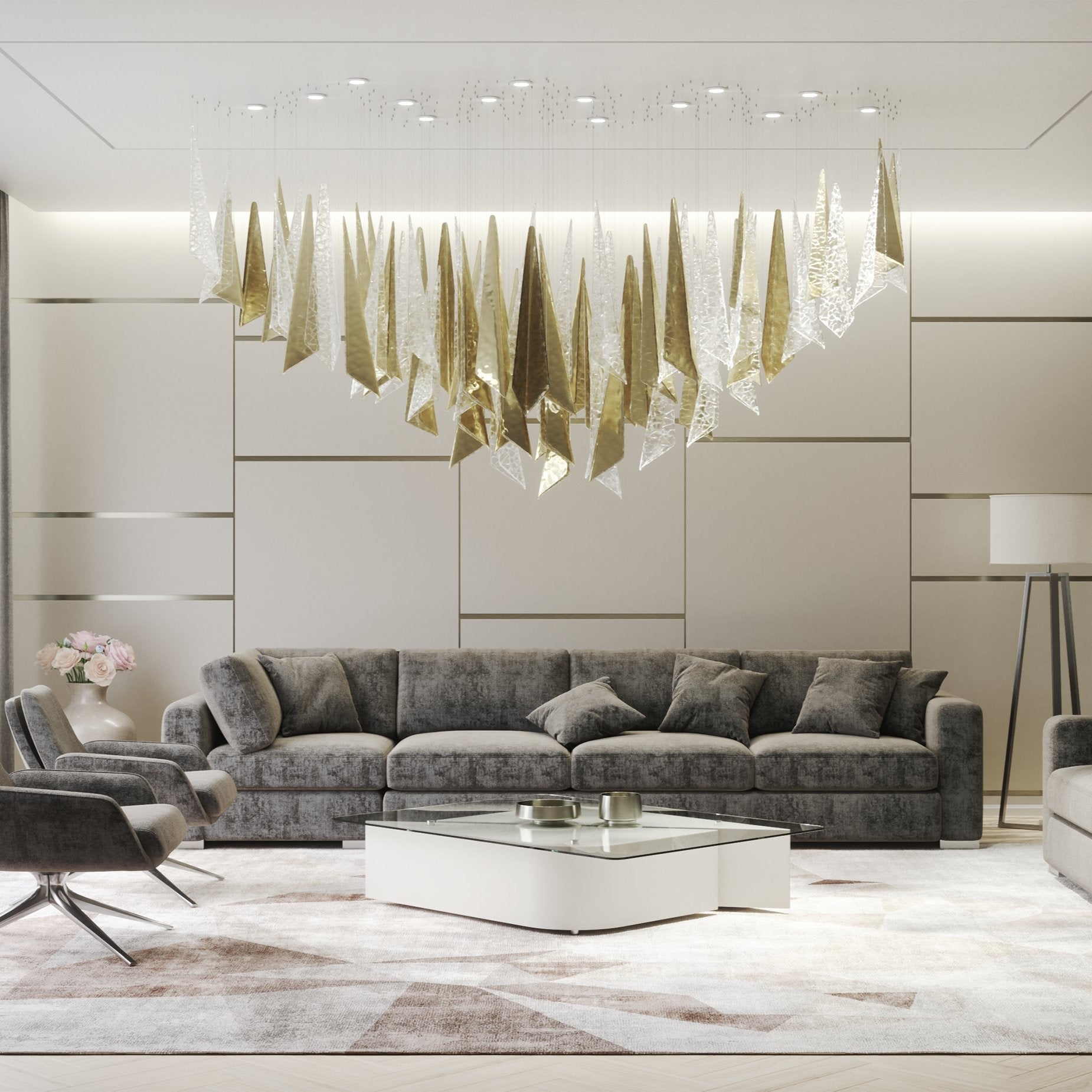 Modern Breeze Geometric LED Pendant Light with Textured Glass and Gold Finish