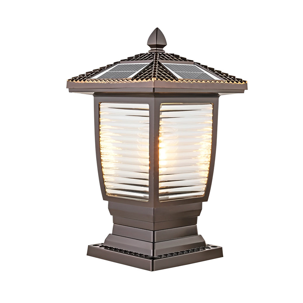 Modern Brown Aluminum Solar Fence Post Lights Waterproof Retro Glass Outdoor Column Lantern for Garden and Villa