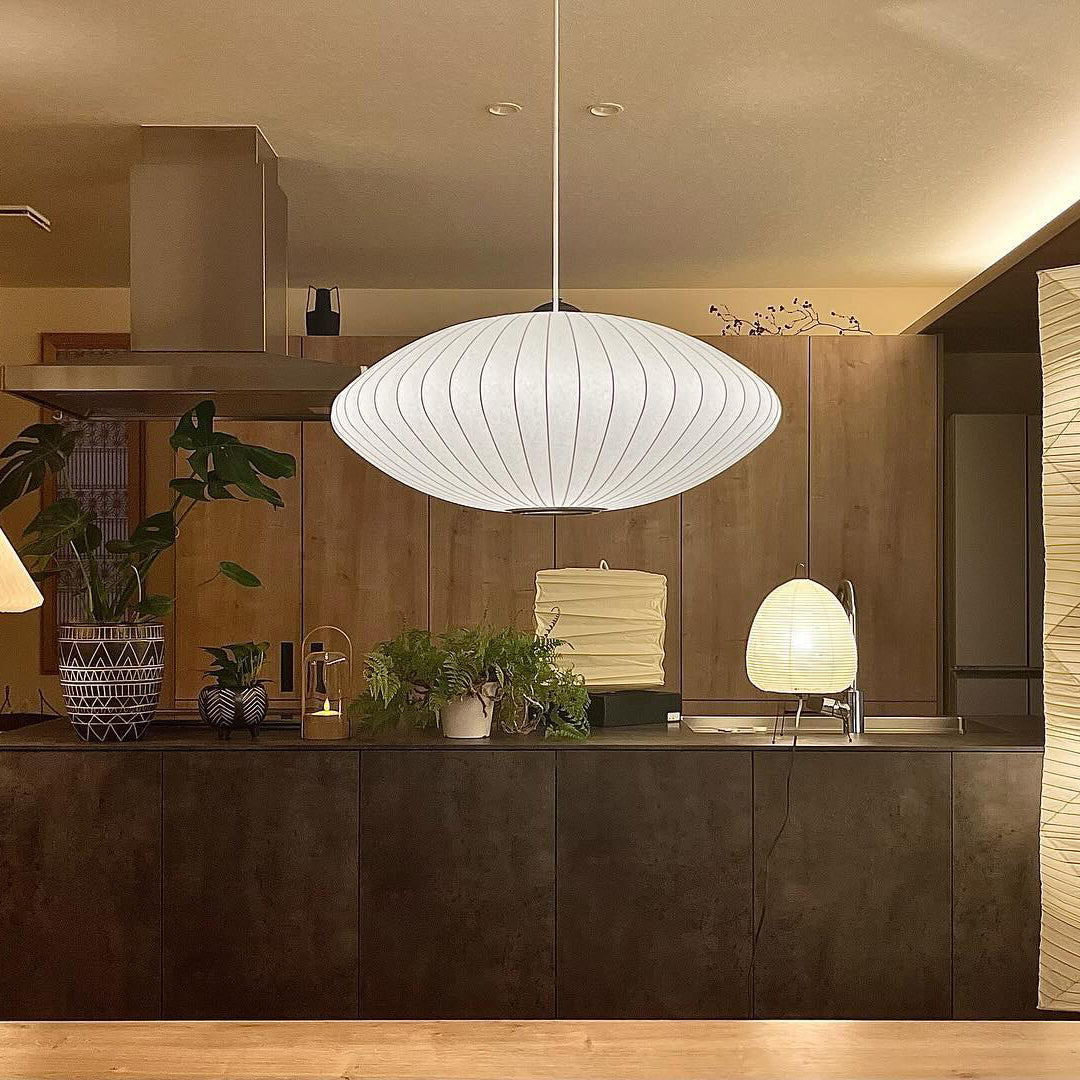 Modern Bubble Mulberry Silk Pendant Light Geometric Mid Century Minimalist Hanging Lamp for Living Room