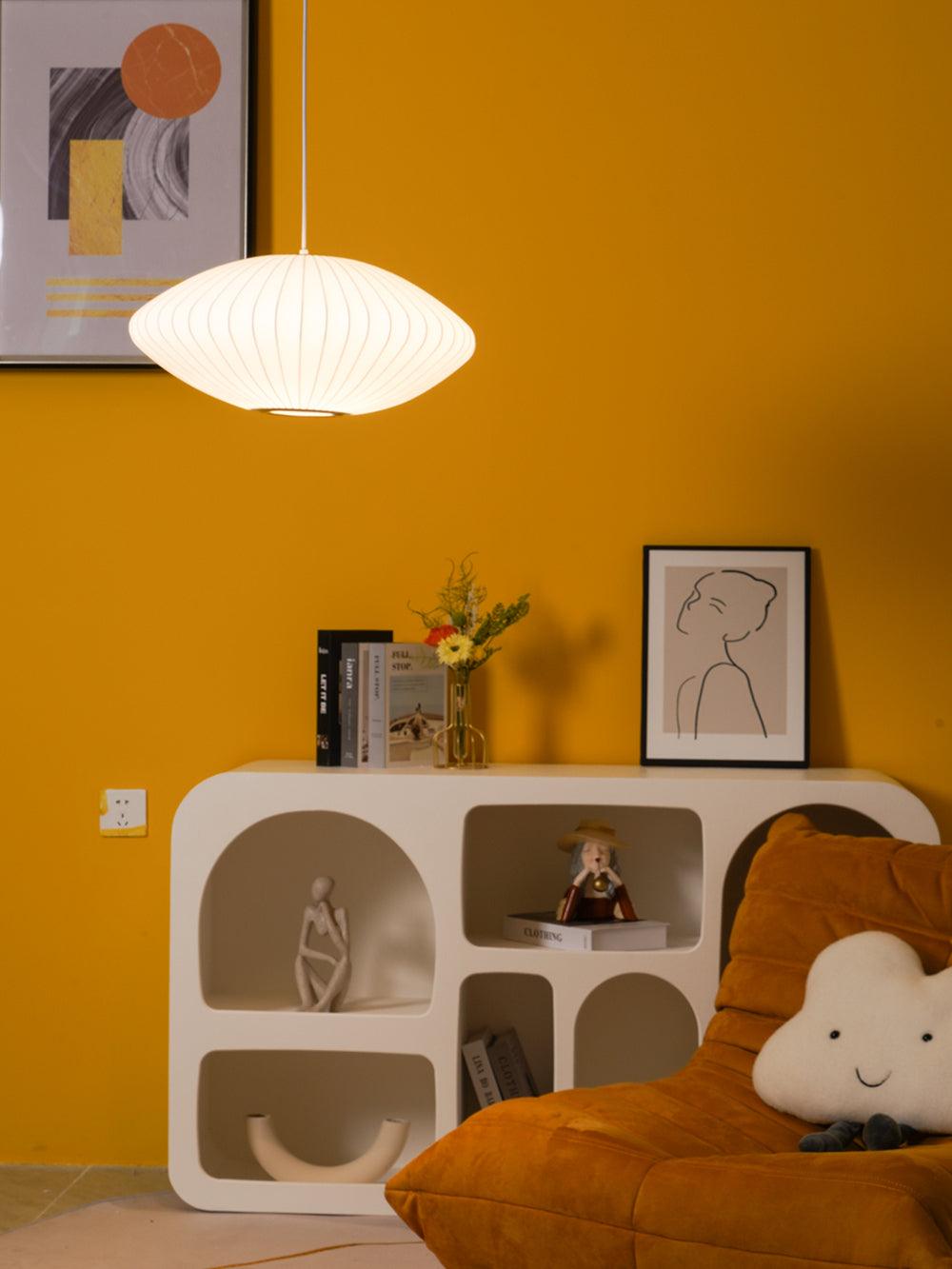 Modern Bubble Mulberry Silk Pendant Light Geometric Mid Century Minimalist Hanging Lamp for Living Room