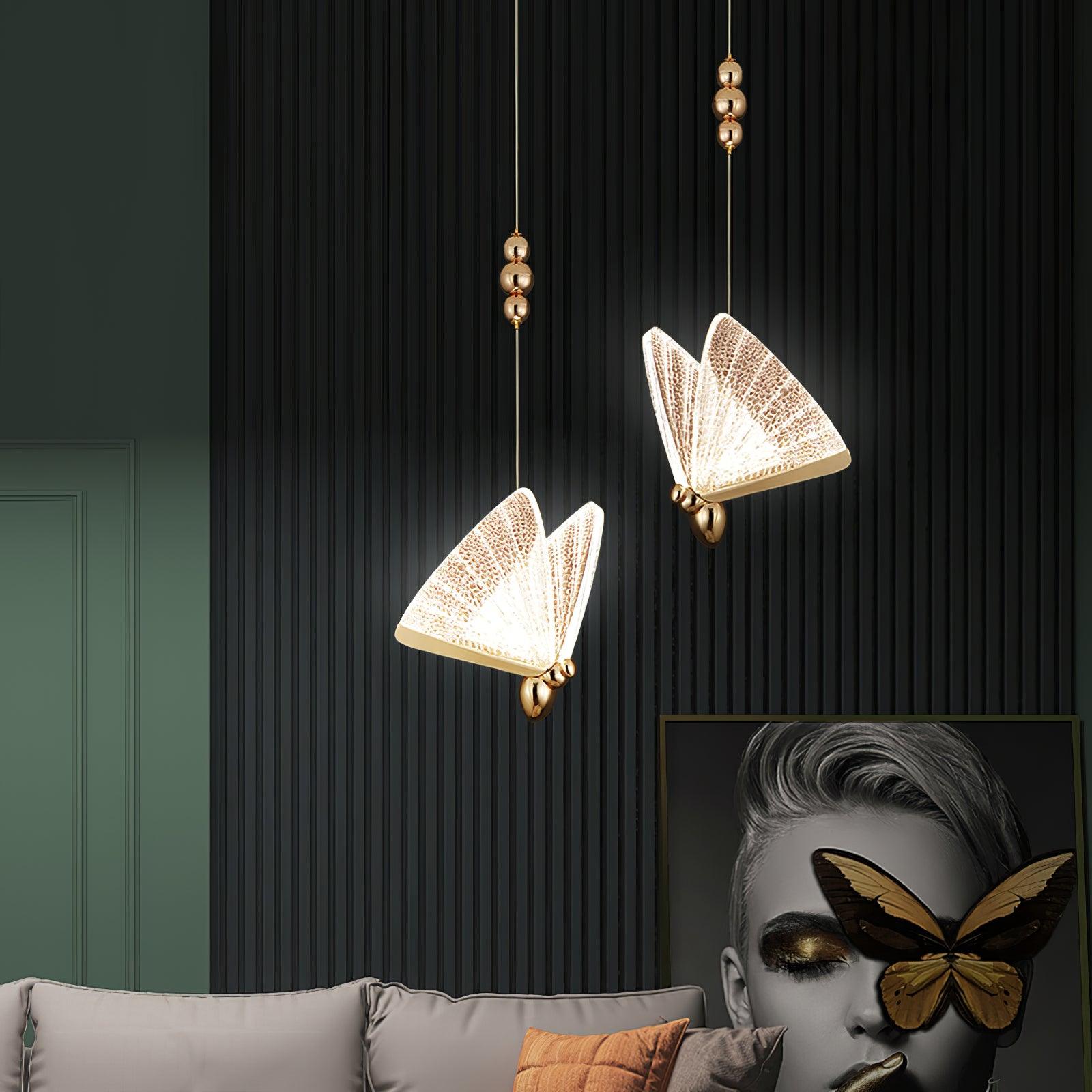 Modern Butterfly LED Pendant Light with Transparent Acrylic Wings and Adjustable Hanging Height