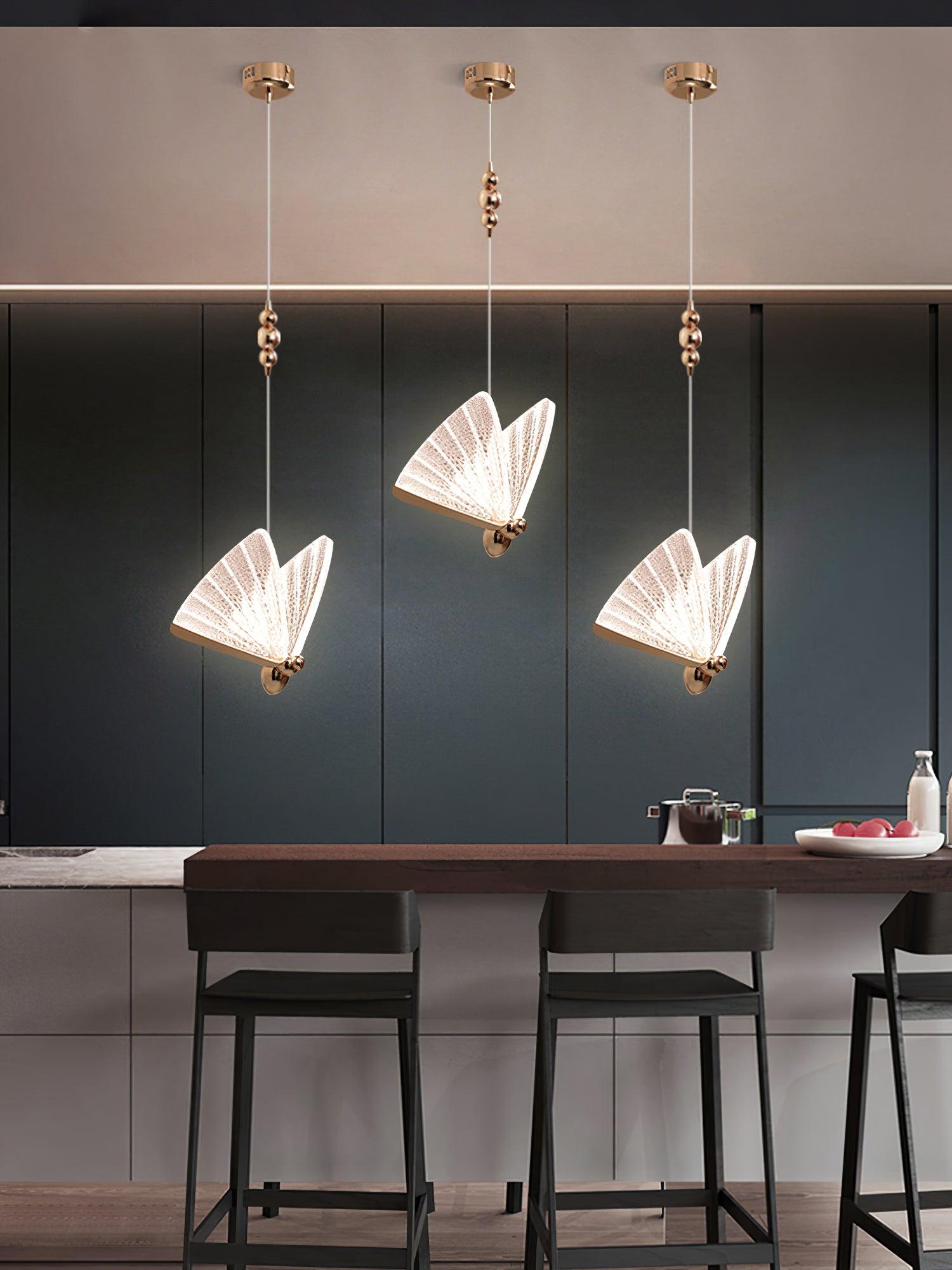 Modern Butterfly LED Pendant Light with Transparent Acrylic Wings and Adjustable Hanging Height
