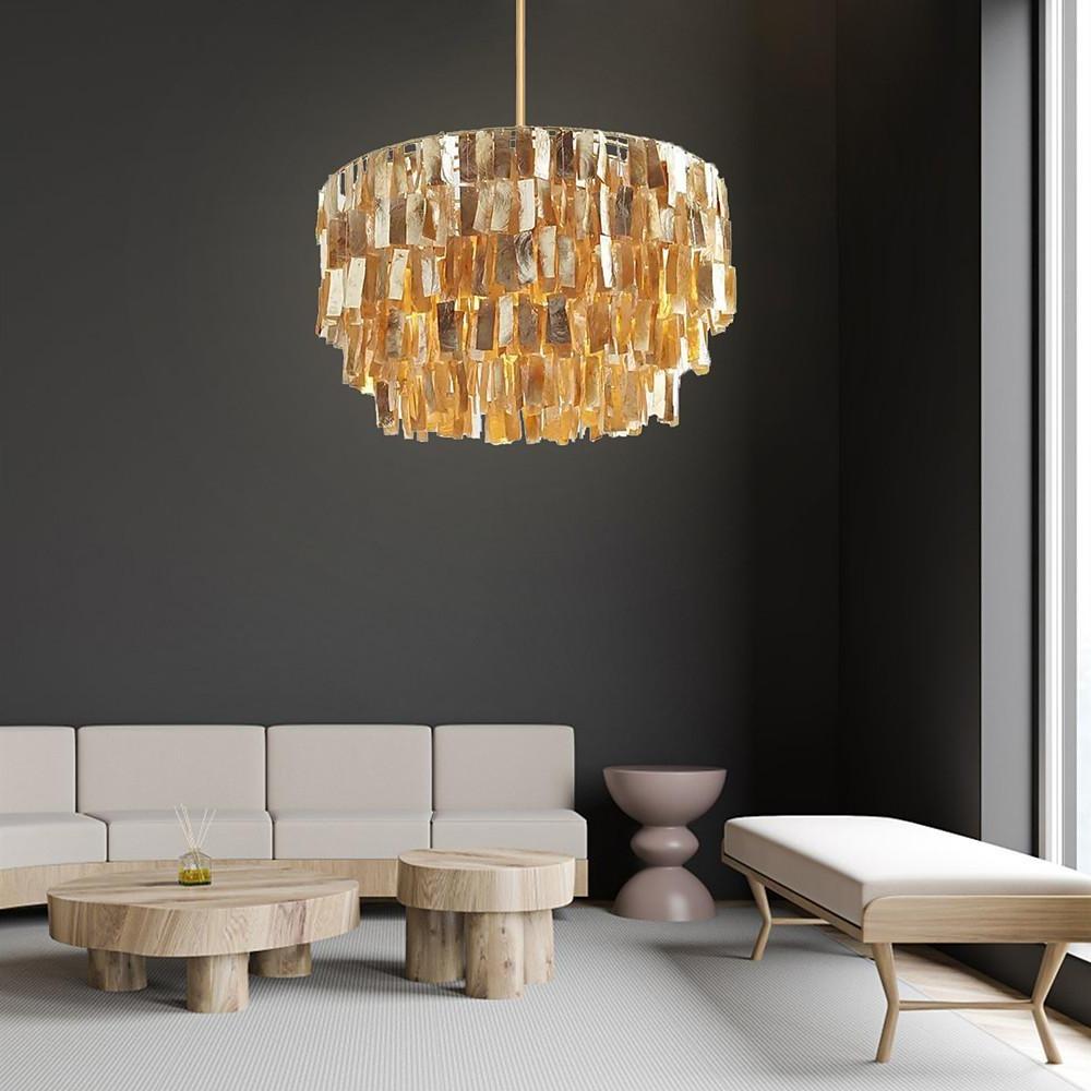 Modern Capiz Shell Chandelier Contemporary Shell Shaped Pendant Light in Gold and White