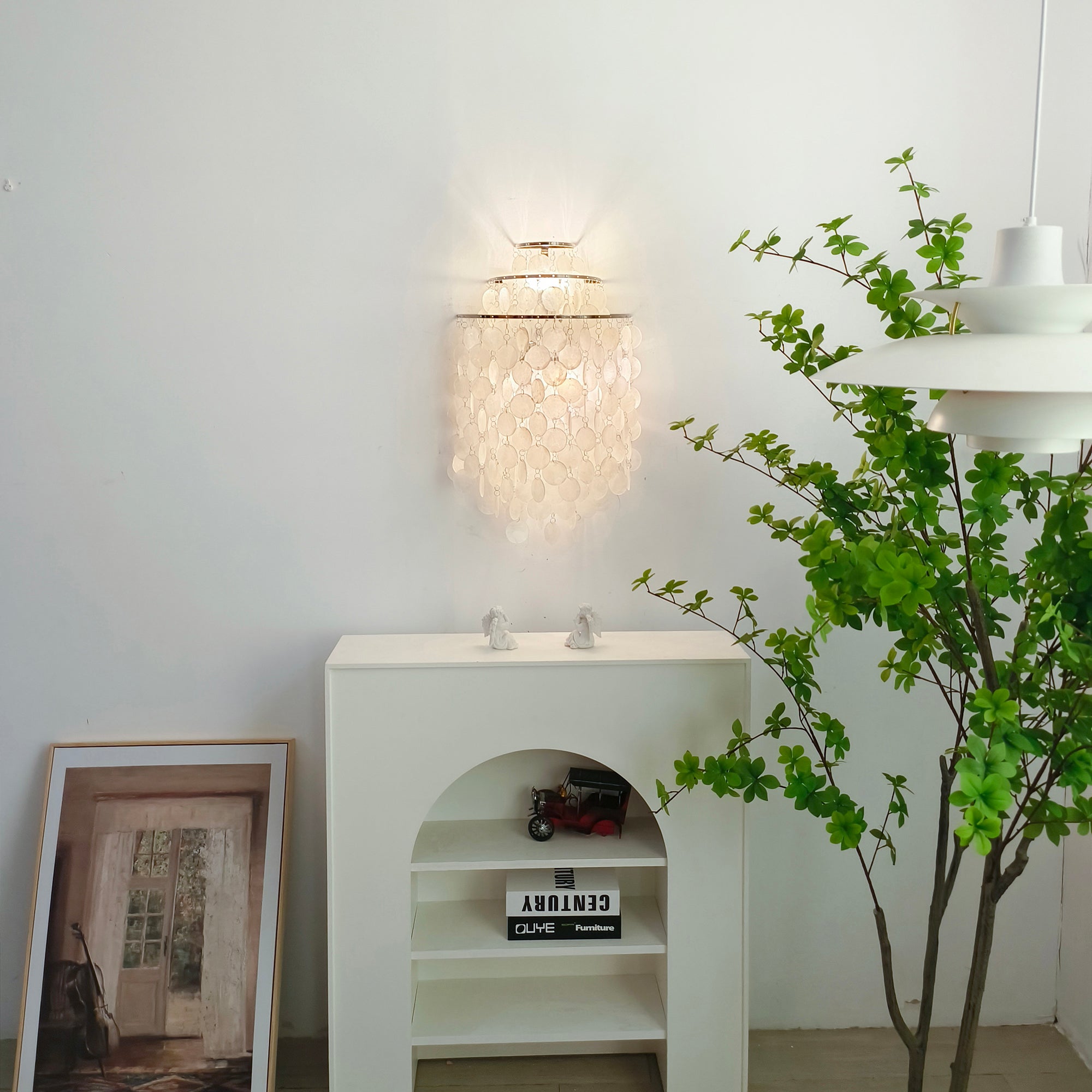 Modern Cascading White Shell Wall Light Fixture Chrome Metal Sconce for Indoor Decor