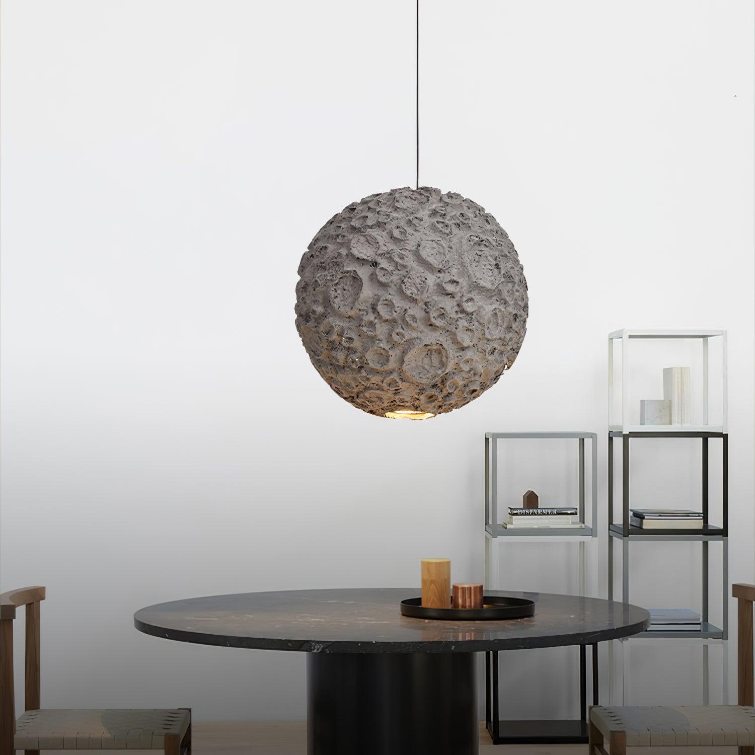 Modern Celestial Sphere Pendant Light with Grey Earth Texture and Porous Planet Design