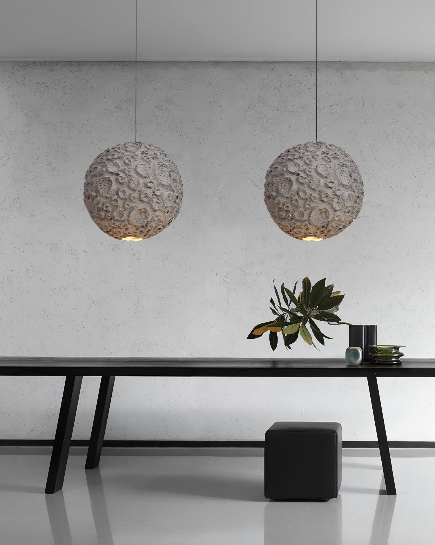 Modern Celestial Sphere Pendant Light with Grey Earth Texture and Porous Planet Design