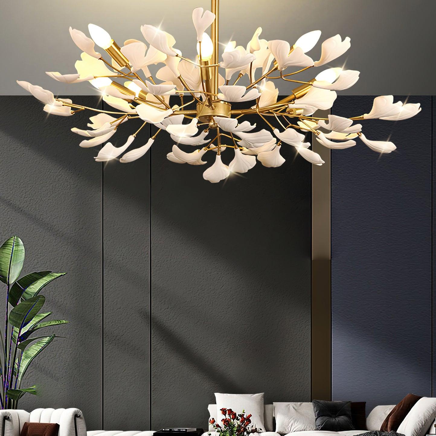 Modern Ceramic Gingko Leaf Chandelier Elegant Gold Brass Pendant Light Fixture