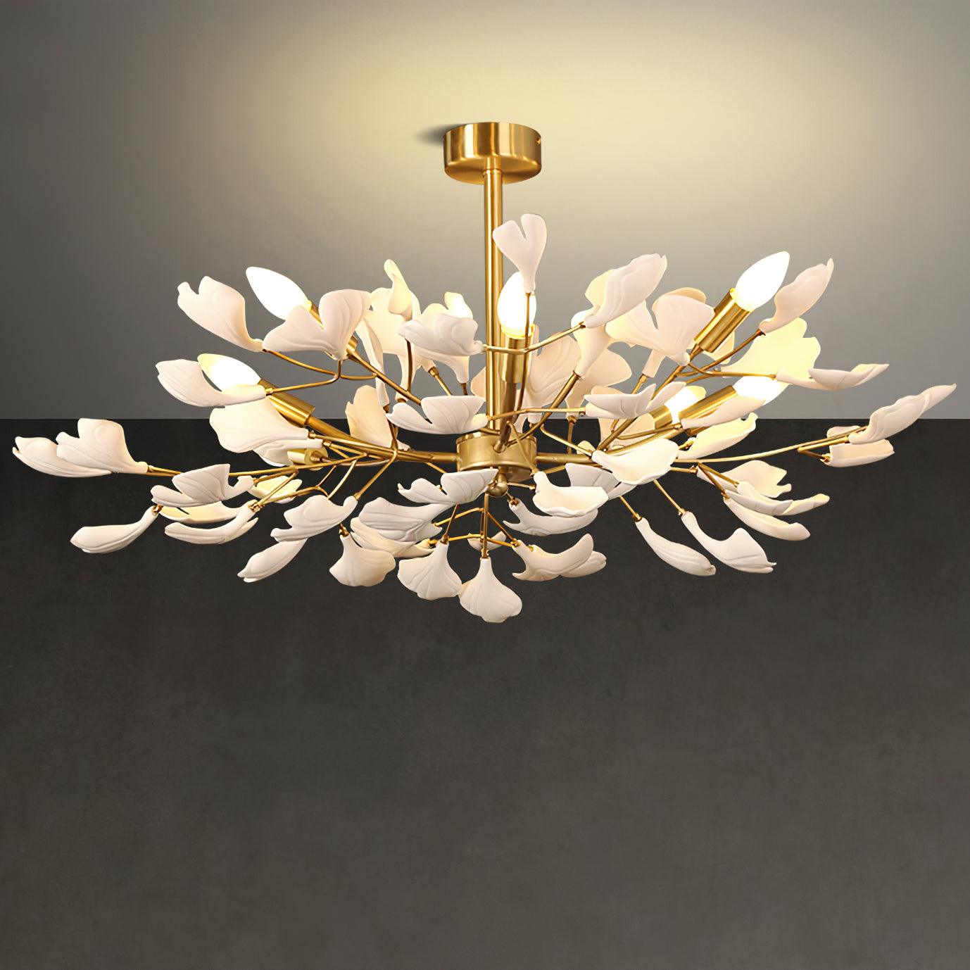 Modern Ceramic Gingko Leaf Chandelier Elegant Gold Brass Pendant Light Fixture