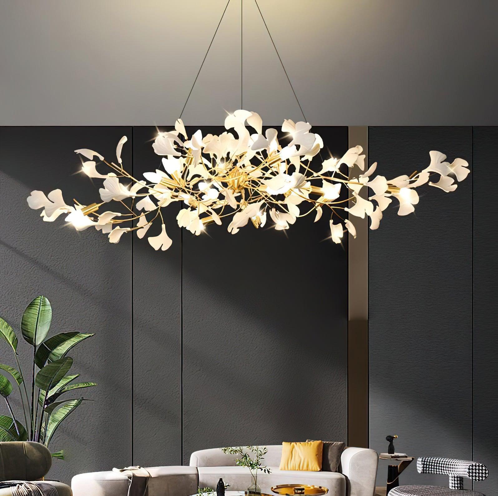 Modern Ceramic Ginkgo Leaf Chandelier Brass Finish Elegant Ceiling Pendant Lighting