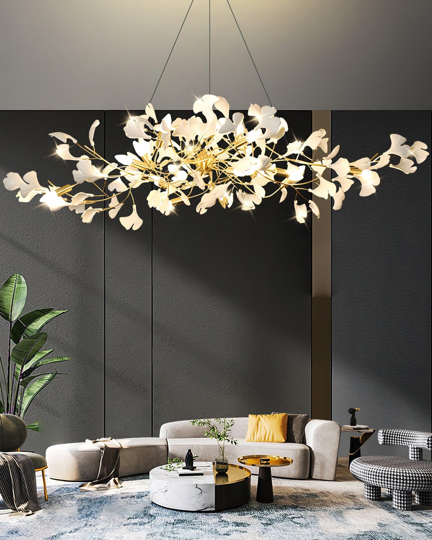 Modern Ceramic Ginkgo Leaf Chandelier Brass Finish Elegant Ceiling Pendant Lighting