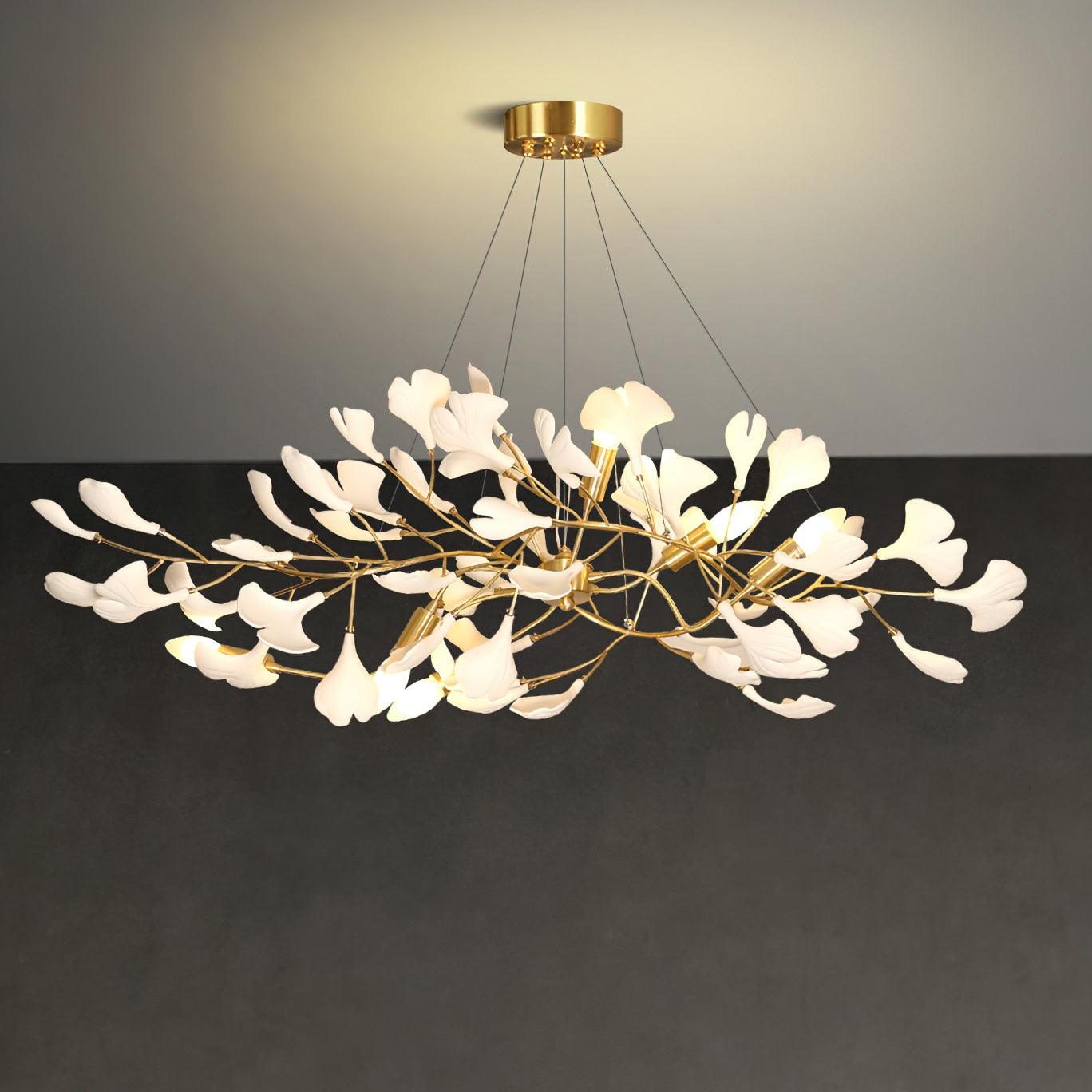 Modern Ceramic Ginkgo Leaf Chandelier Brass Finish Elegant Ceiling Pendant Lighting