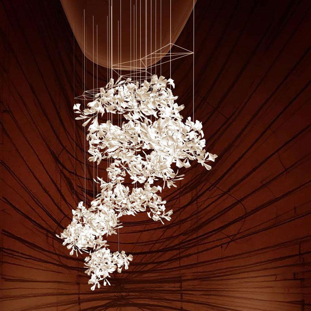 Modern Ceramic Ginkgo Leaf Combination Chandelier Gold Porcelain Petal Luxury Gasolier Lighting