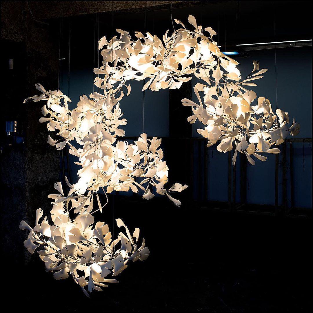 Modern Ceramic Ginkgo Leaf Combination Chandelier Gold Porcelain Petal Luxury Gasolier Lighting