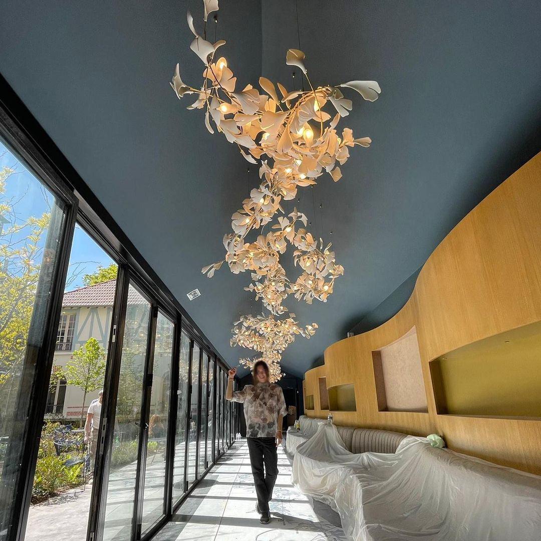 Modern Ceramic Ginkgo Leaf Combination Chandelier Gold Porcelain Petal Luxury Gasolier Lighting