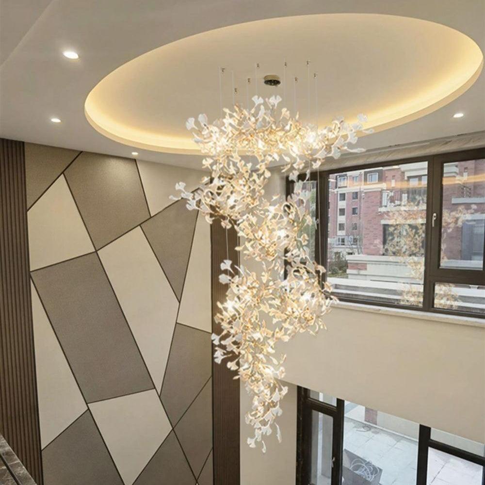 Modern Ceramic Ginkgo Leaf Combination Chandelier Gold Porcelain Petal Luxury Gasolier Lighting