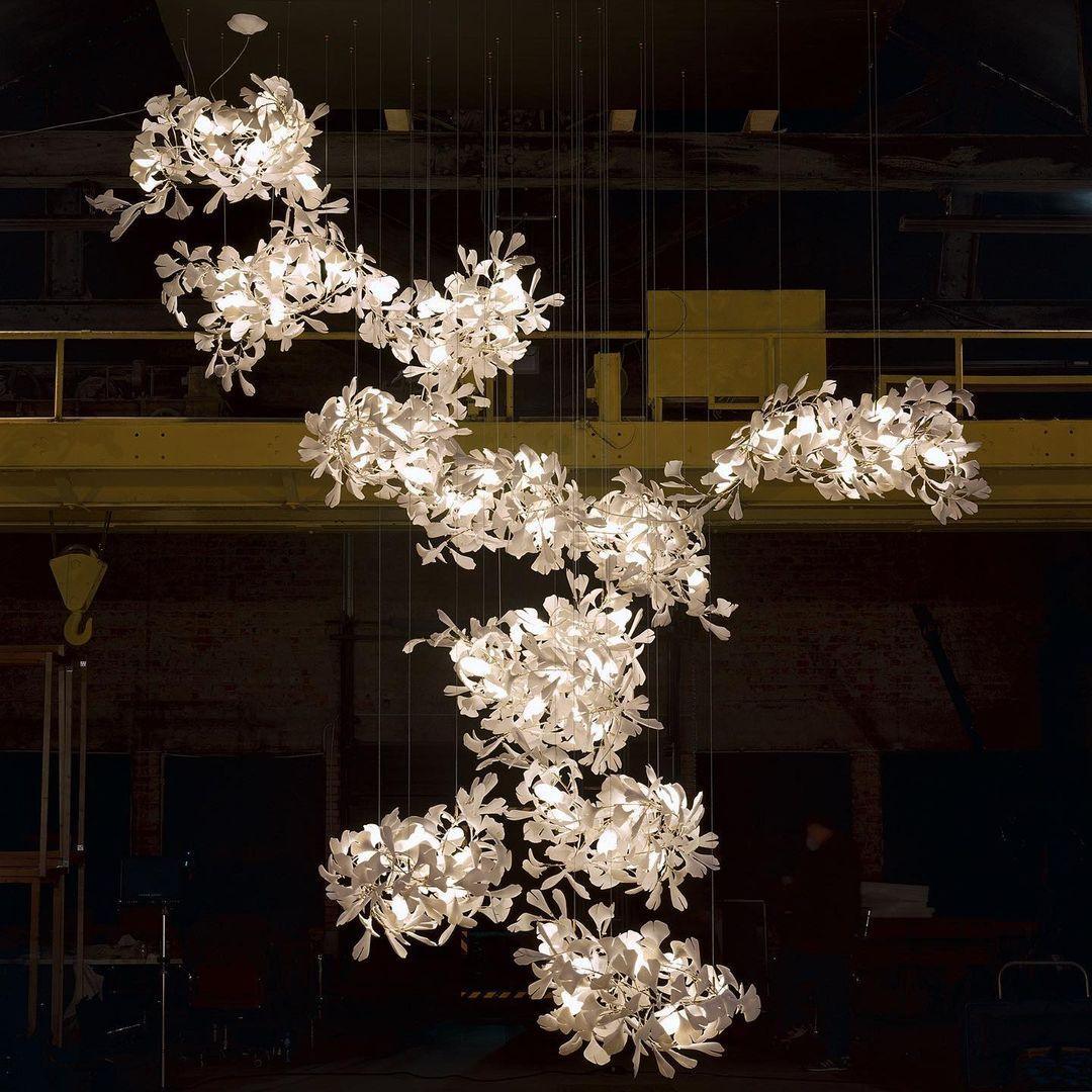 Modern Ceramic Ginkgo Leaf Combination Chandelier Gold Porcelain Petal Luxury Gasolier Lighting