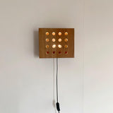 Modern Cherry Wood Cube Wall Sconce with Round Grid Pattern Ambient LED Lighting