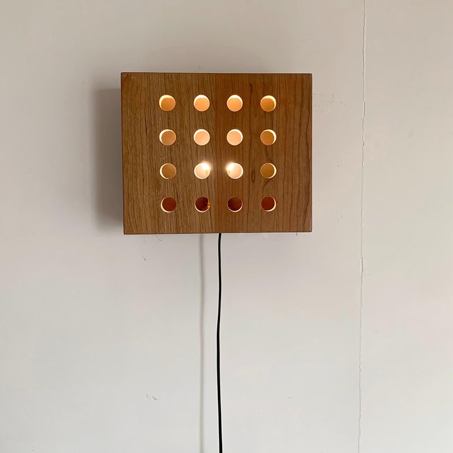 Modern Cherry Wood Cube Wall Sconce with Round Grid Pattern Ambient LED Lighting