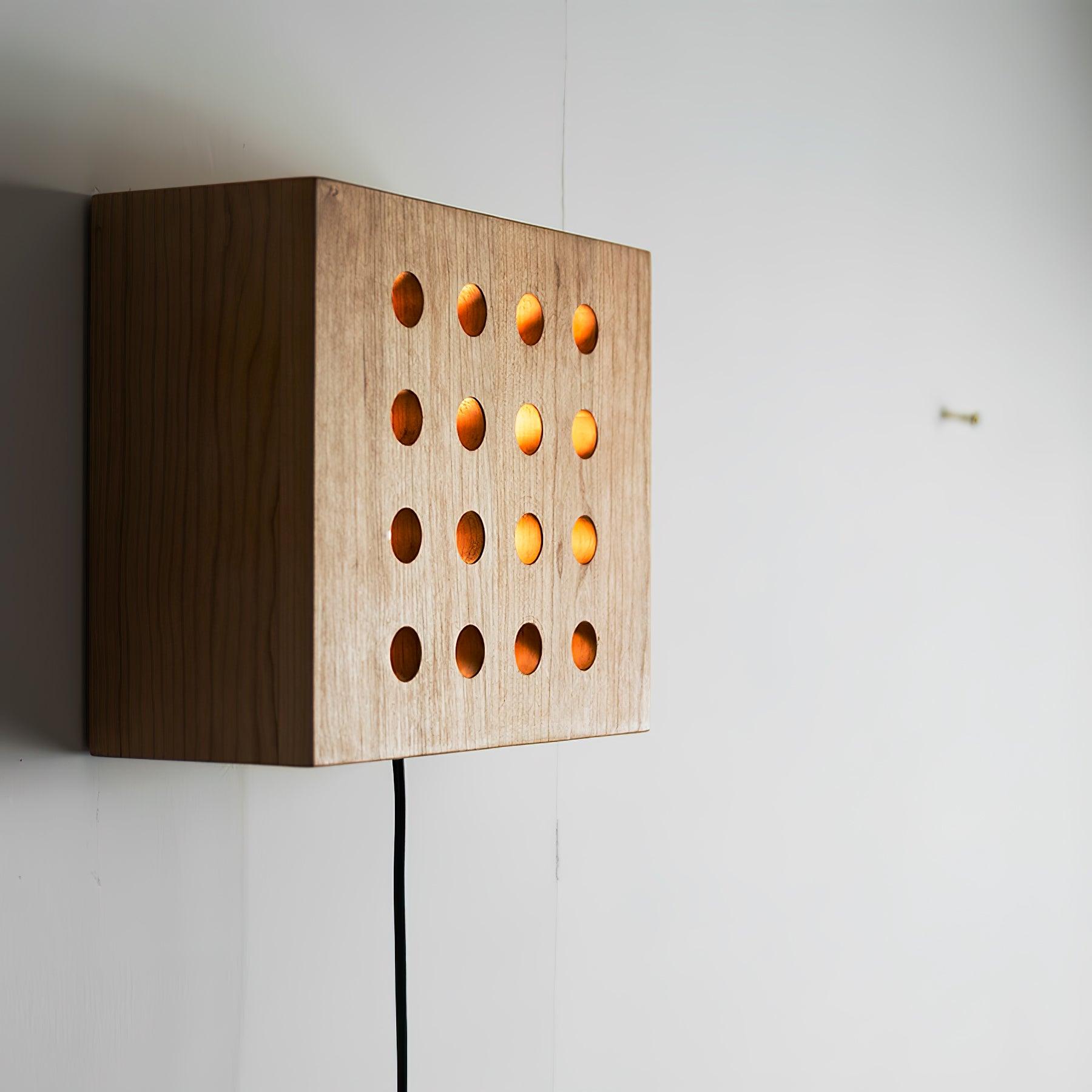 Modern Cherry Wood Cube Wall Sconce with Round Grid Pattern Ambient LED Lighting