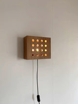 Modern Cherry Wood Cube Wall Sconce with Round Grid Pattern Ambient LED Lighting