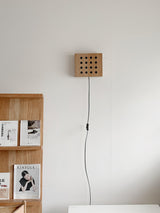 Modern Cherry Wood Cube Wall Sconce with Round Grid Pattern Ambient LED Lighting