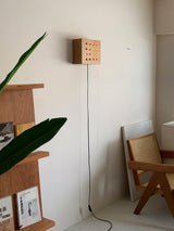 Modern Cherry Wood Cube Wall Sconce with Round Grid Pattern Ambient LED Lighting