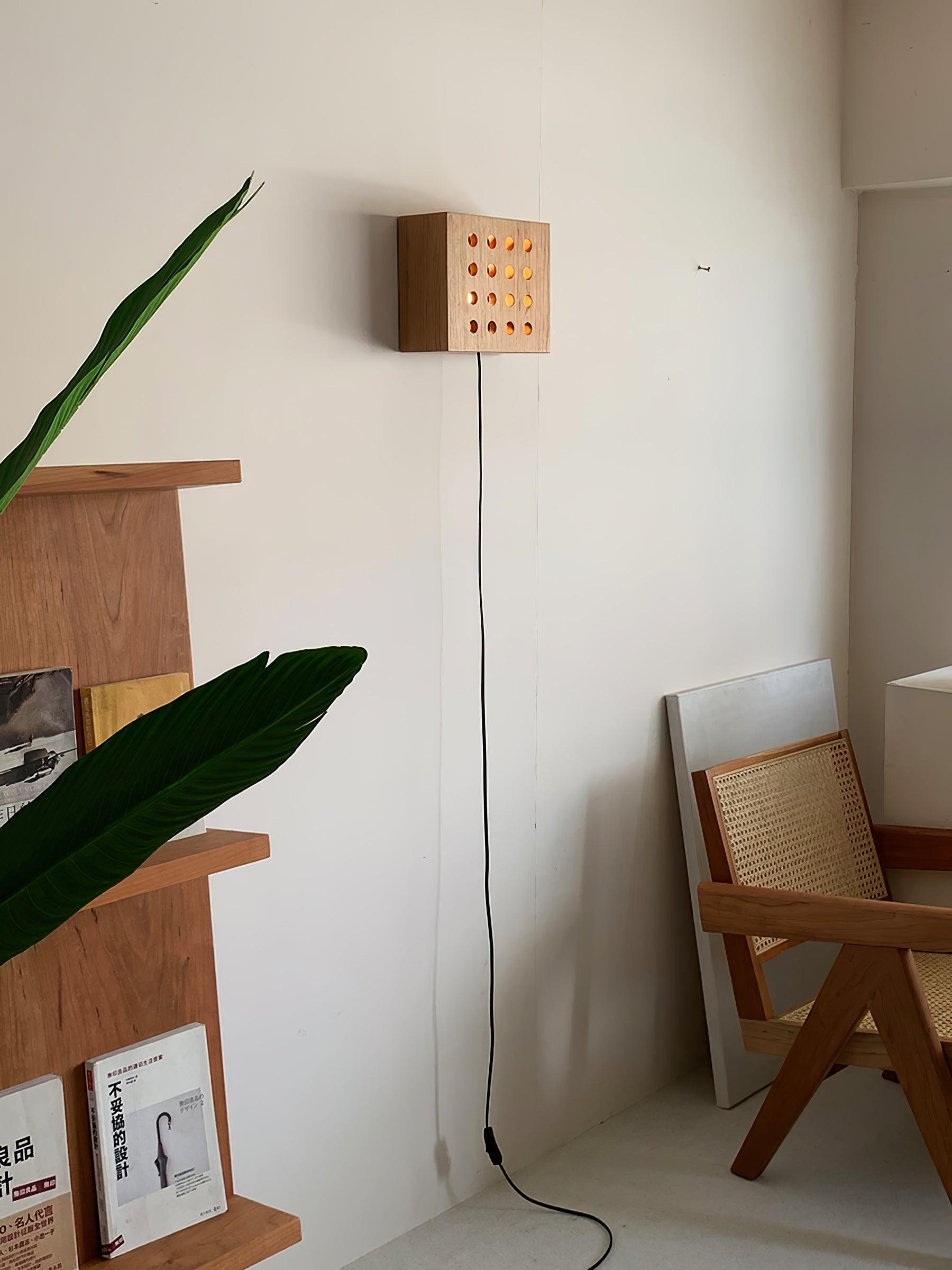 Modern Cherry Wood Cube Wall Sconce with Round Grid Pattern Ambient LED Lighting