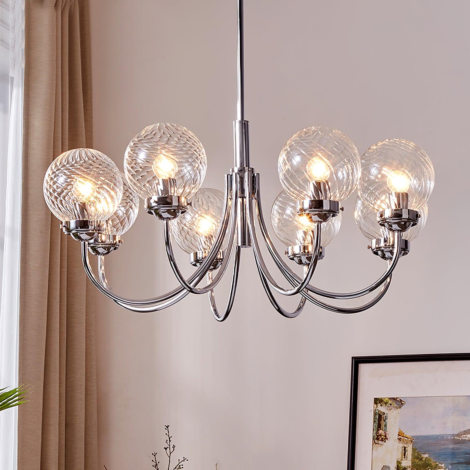 Modern Chrome Gasolier Chandelier with Clear Twisted Glass Shades for Indoor Living