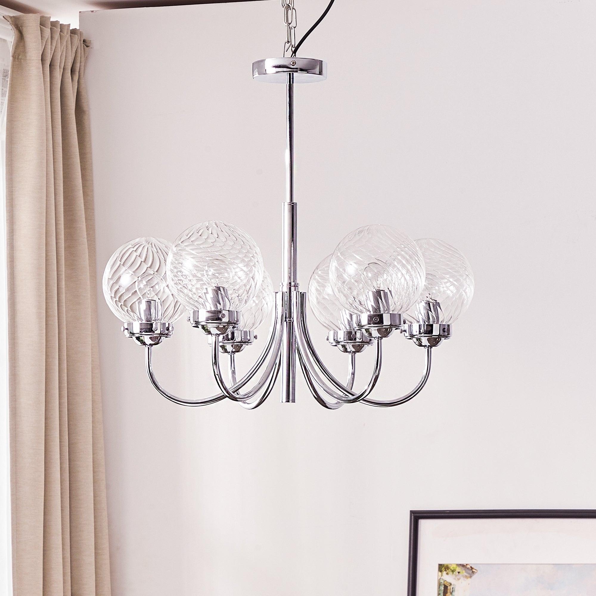 Modern Chrome Gasolier Chandelier with Clear Twisted Glass Shades for Indoor Living