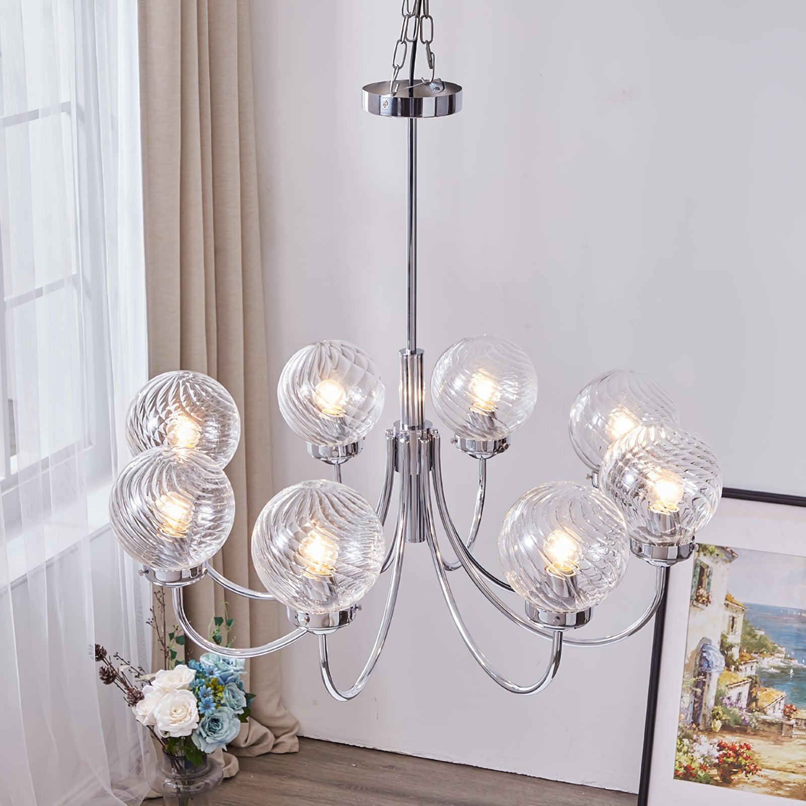 Modern Chrome Gasolier Chandelier with Clear Twisted Glass Shades for Indoor Living