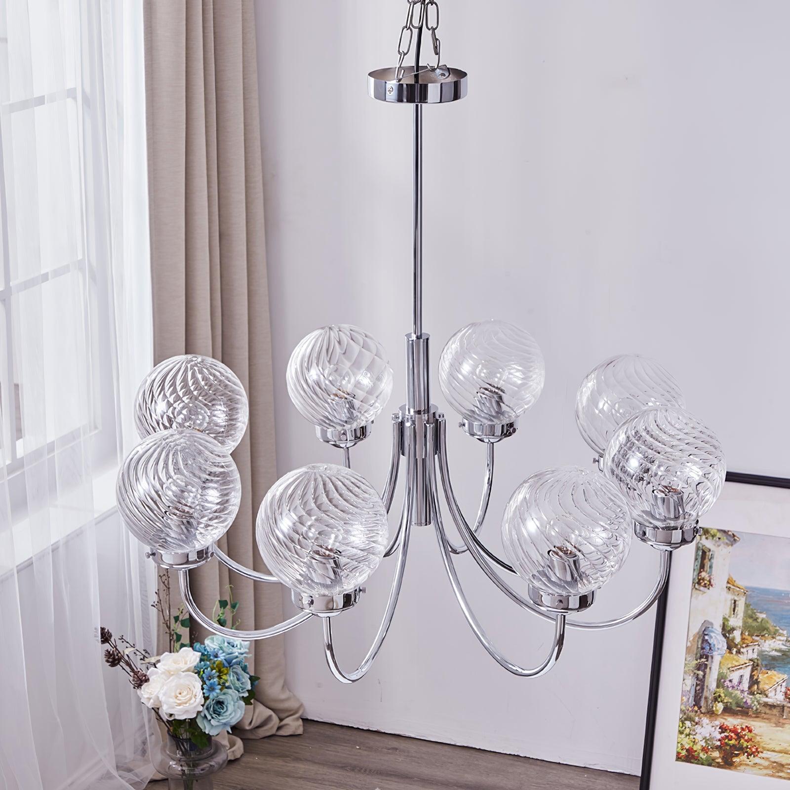 Modern Chrome Gasolier Chandelier with Clear Twisted Glass Shades for Indoor Living