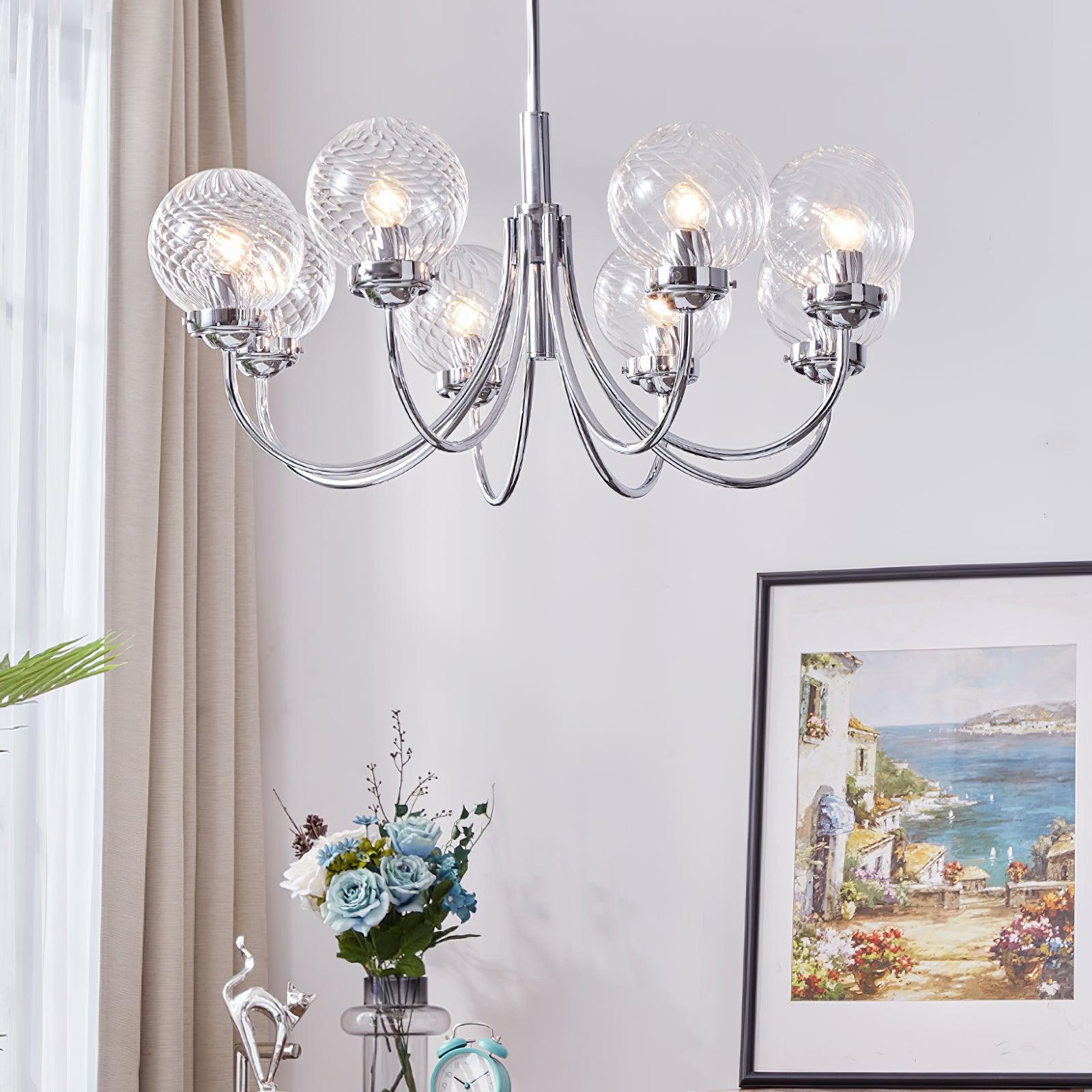 Modern Chrome Gasolier Chandelier with Clear Twisted Glass Shades for Indoor Living