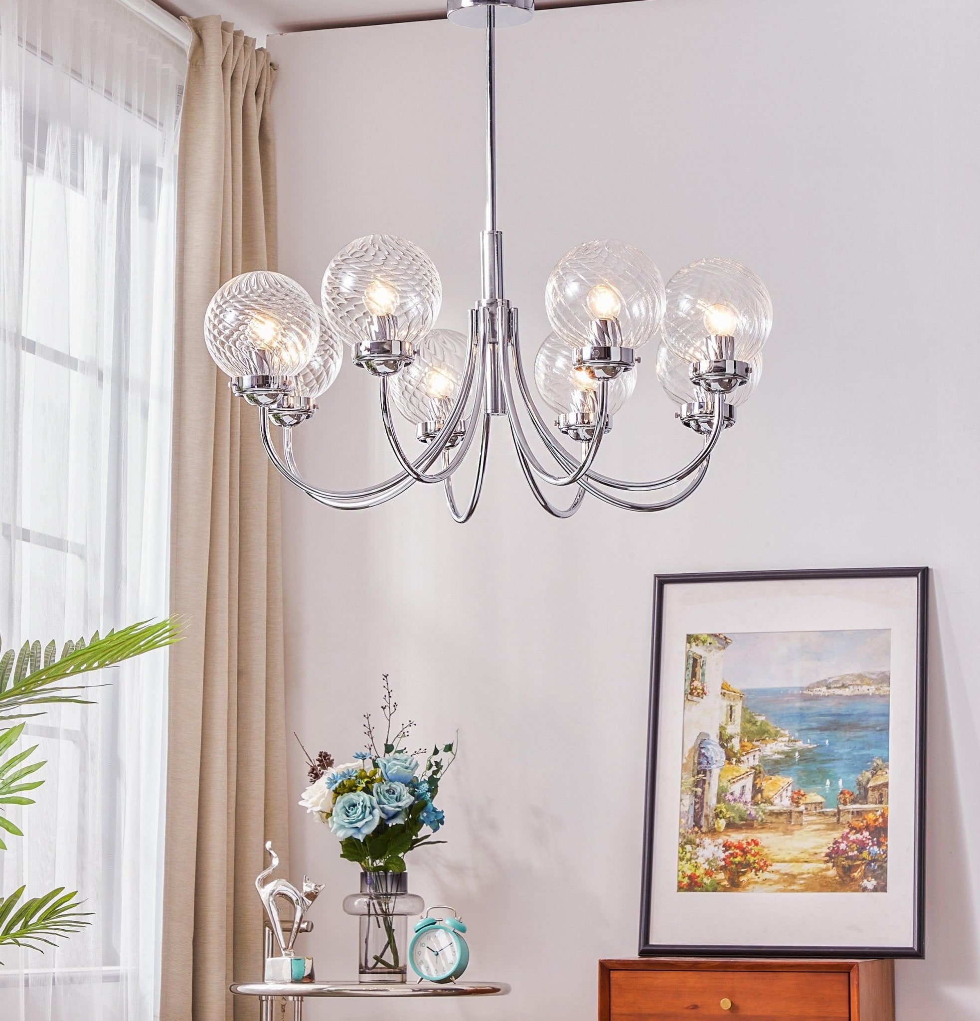 Modern Chrome Gasolier Chandelier with Clear Twisted Glass Shades for Indoor Living