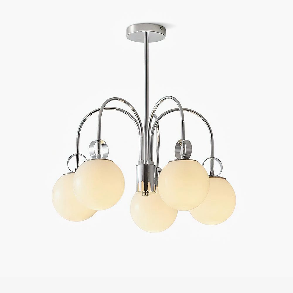 Modern Chrome Gasolier Chandelier with Glossy White Glass Globes for Dining Room