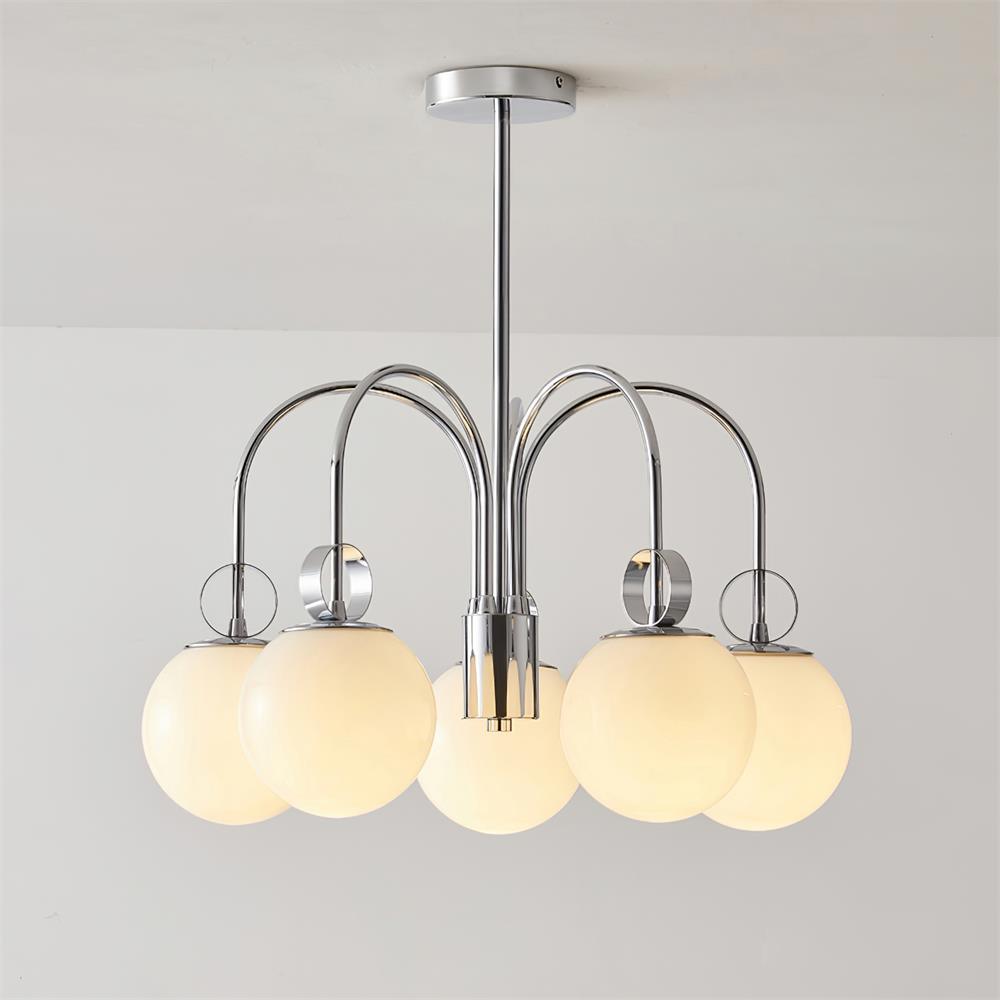 Modern Chrome Gasolier Chandelier with Glossy White Glass Globes for Dining Room