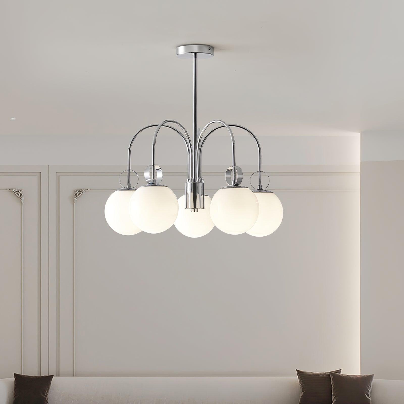 Modern Chrome Gasolier Chandelier with Glossy White Glass Globes for Dining Room