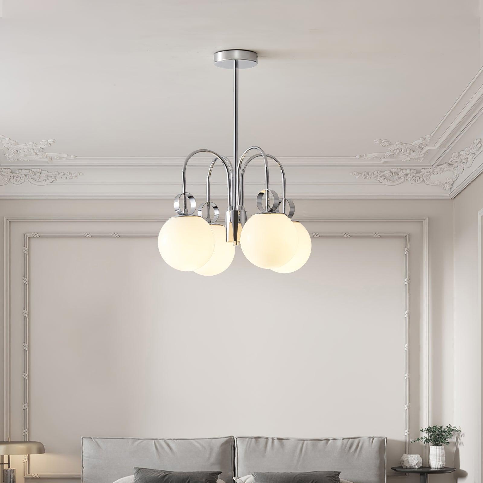 Modern Chrome Gasolier Chandelier with Glossy White Glass Globes for Dining Room