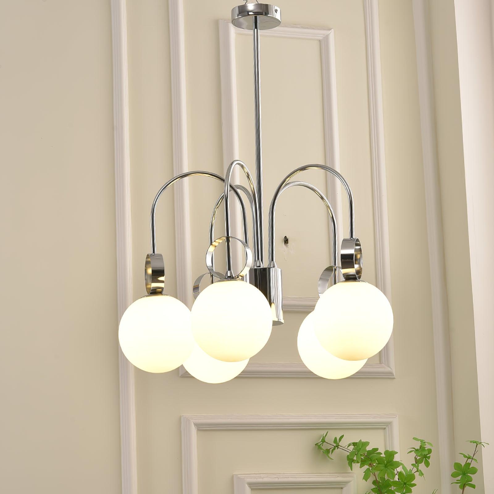 Modern Chrome Gasolier Chandelier with Glossy White Glass Globes for Dining Room