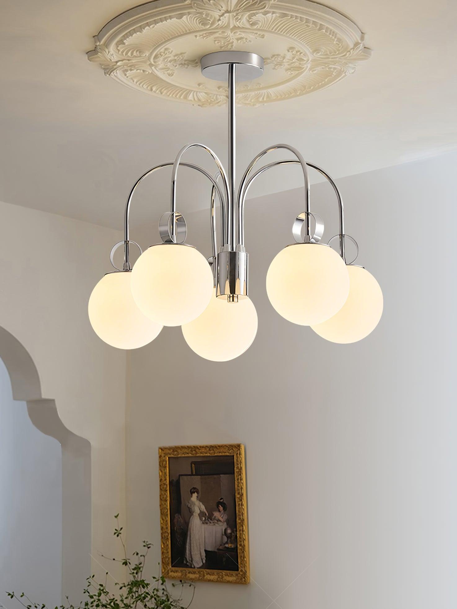 Modern Chrome Gasolier Chandelier with Glossy White Glass Globes for Dining Room