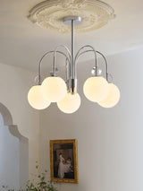 Modern Chrome Gasolier Chandelier with Glossy White Glass Globes for Dining Room