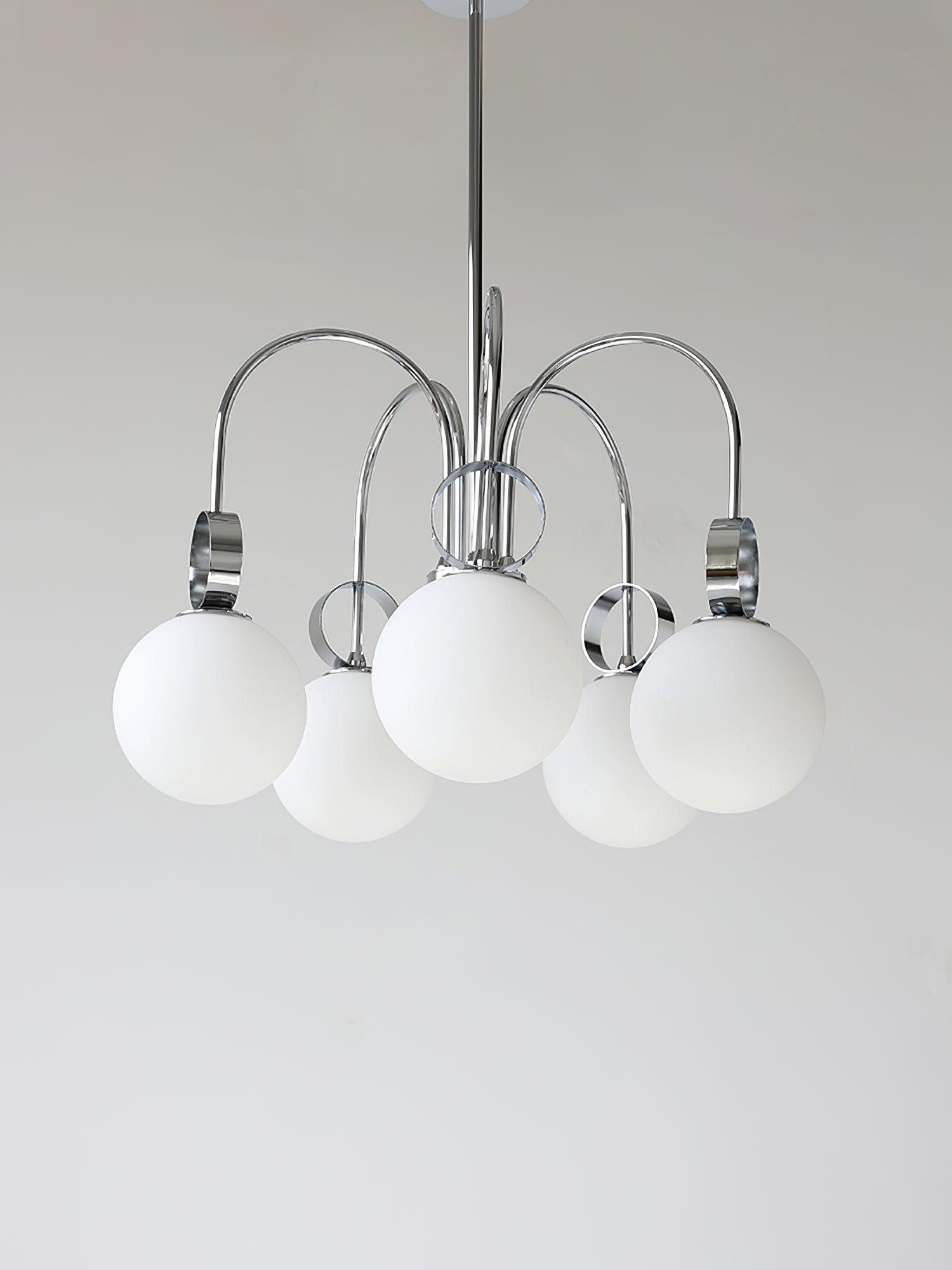 Modern Chrome Gasolier Chandelier with Glossy White Glass Globes for Dining Room
