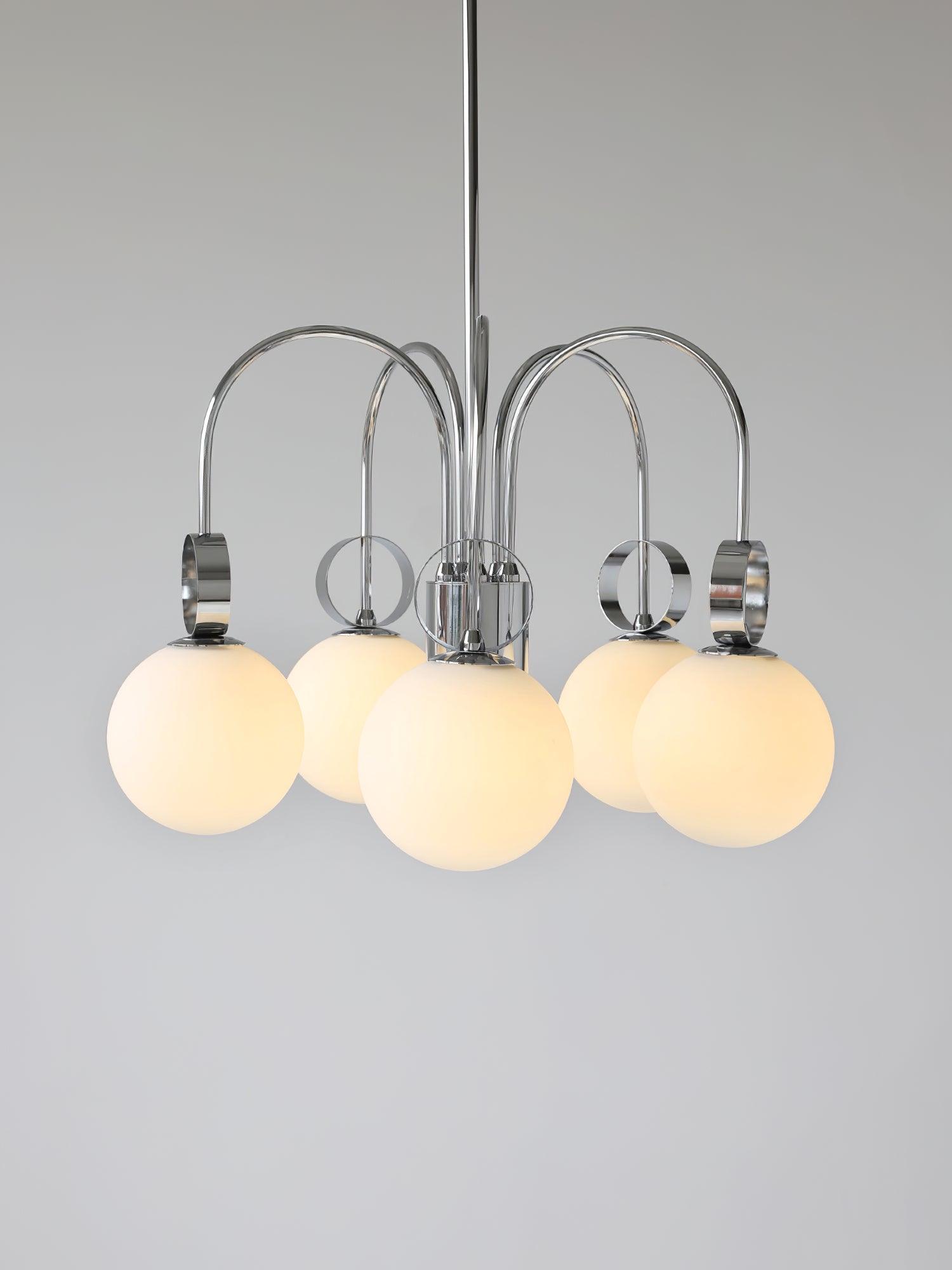 Modern Chrome Gasolier Chandelier with Glossy White Glass Globes for Dining Room
