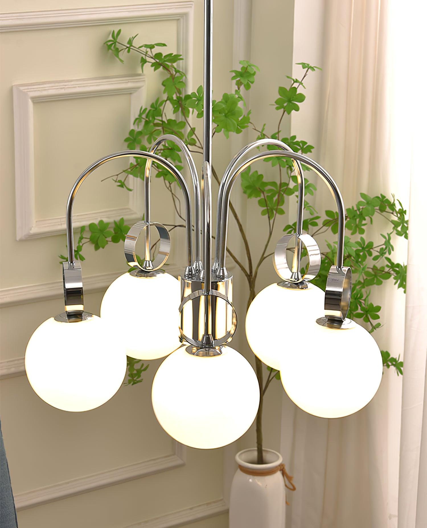 Modern Chrome Gasolier Chandelier with Glossy White Glass Globes for Dining Room