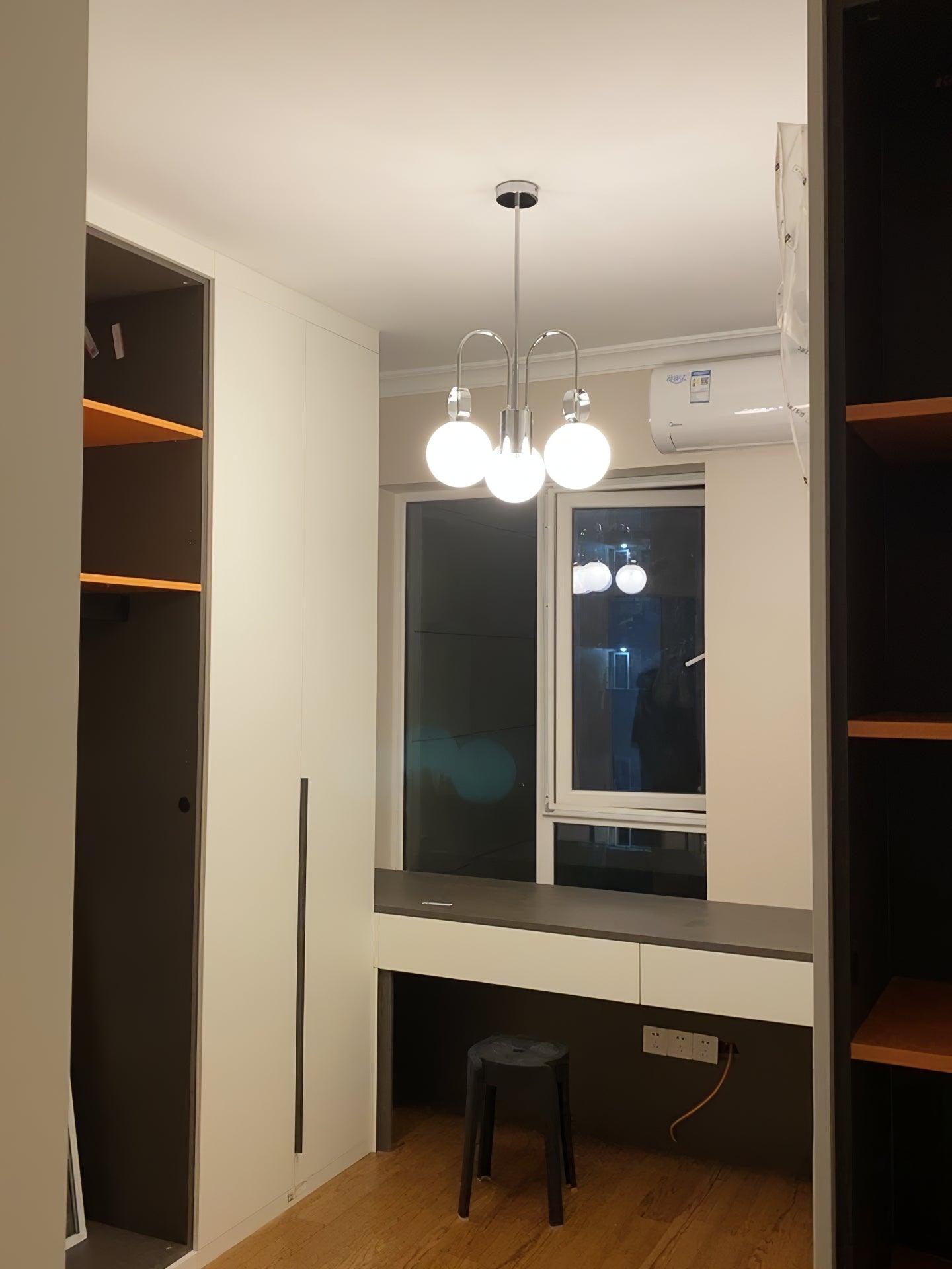 Modern Chrome Gasolier Chandelier with Glossy White Glass Globes for Dining Room