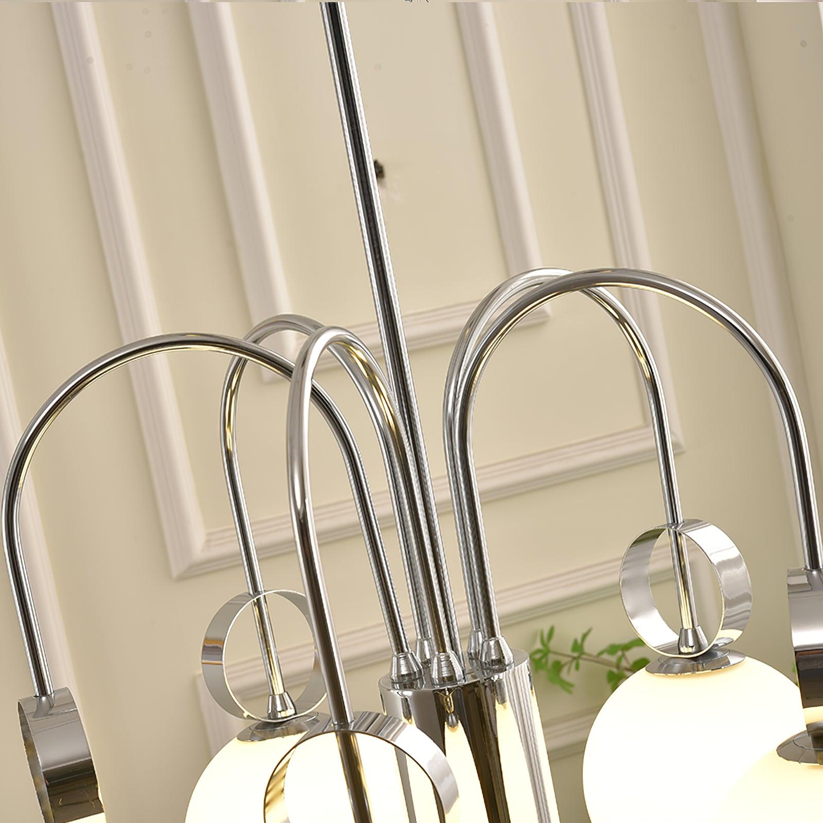 Modern Chrome Gasolier Chandelier with Glossy White Glass Globes for Dining Room
