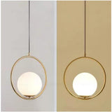 Modern Circular Glass Globe Pendant Lighting with Electroplated Metal Ring for Dining Room