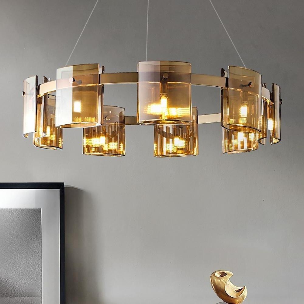 Modern Circular LED Chandelier 9 Light Electroplated Metal and Acrylic Pendant Lighting for Dining Room