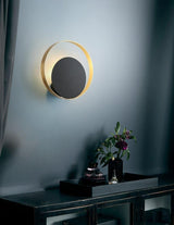 Modern Circular Metal Wall Sconce Brass and Black Finish Minimalist Indirect Lighting for Living Room