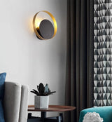 Modern Circular Metal Wall Sconce Brass and Black Finish Minimalist Indirect Lighting for Living Room