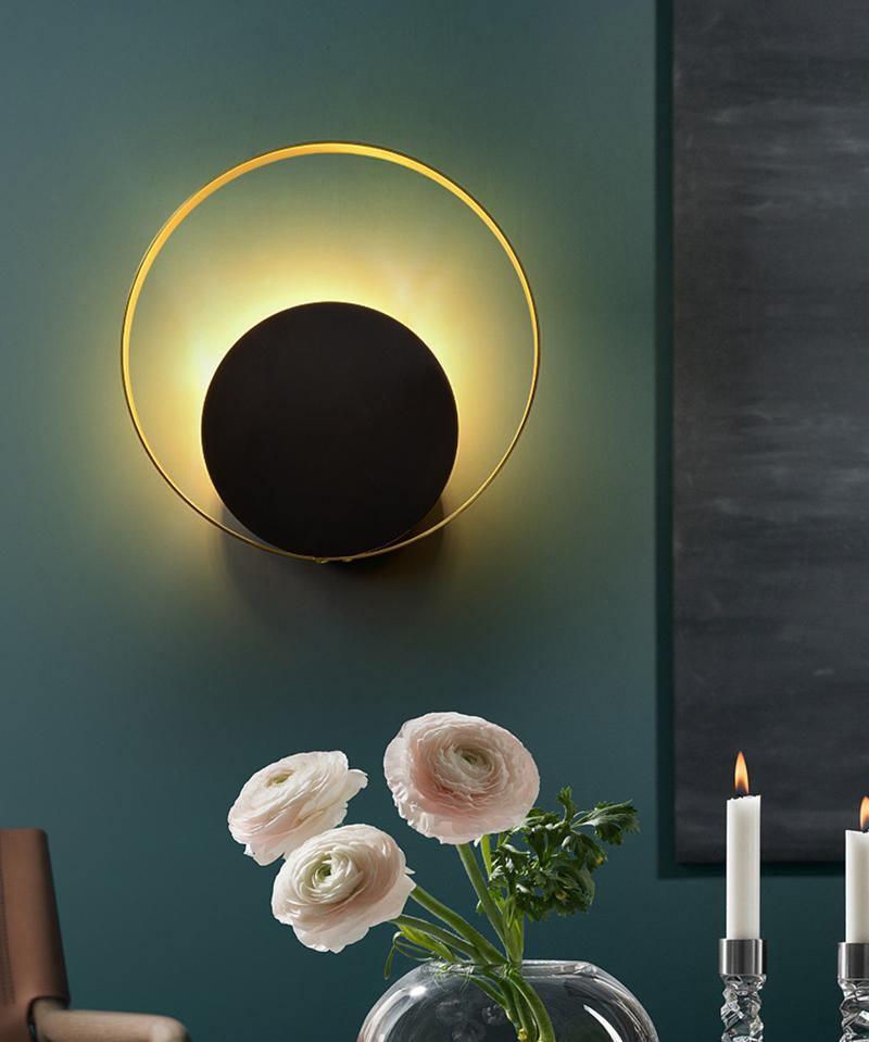 Modern Circular Metal Wall Sconce Brass and Black Finish Minimalist Indirect Lighting for Living Room
